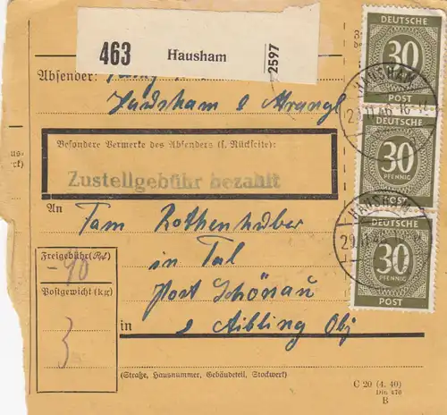 Carte de paquet 1946: Hausham vers Post Schönau, Aibling