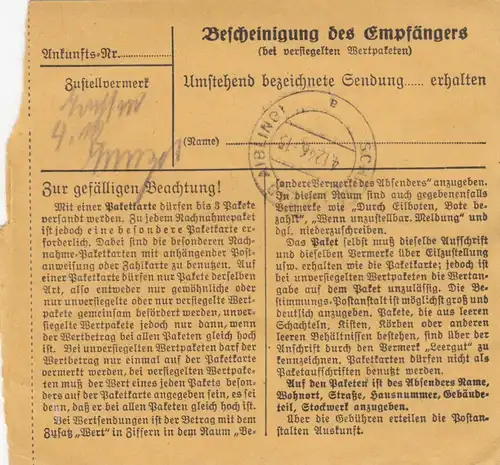 Carte de paquet 1946: Hausham vers Post Schönau, Aibling