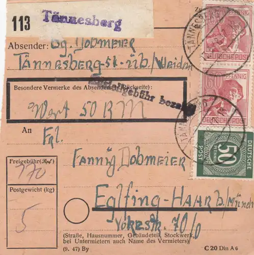 Paketkarte 1948: Tännesberg nach Eglfing Haar, Wertkarte
