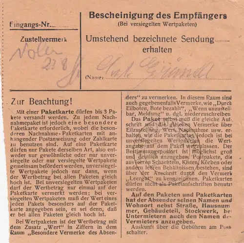 Paketkarte 1948: Tännesberg nach Eglfing Haar, Wertkarte