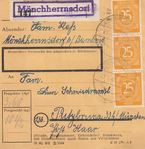 Carte de paquet 1948: Mönchherrnsdorf versPutzbrunn