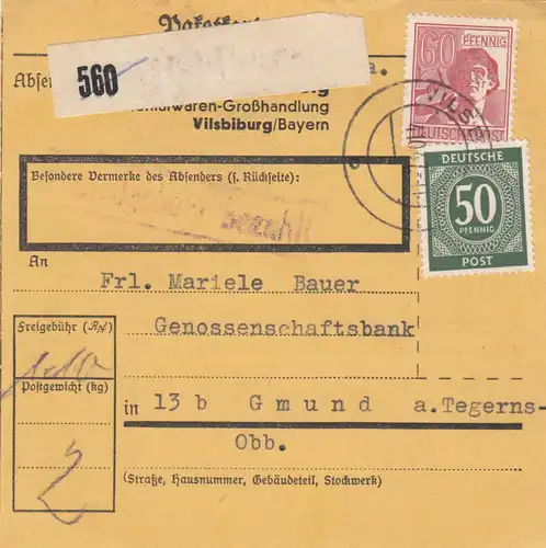Paketkarte 1947: Vilsbiburg nach Gmund, Selbstbucher
