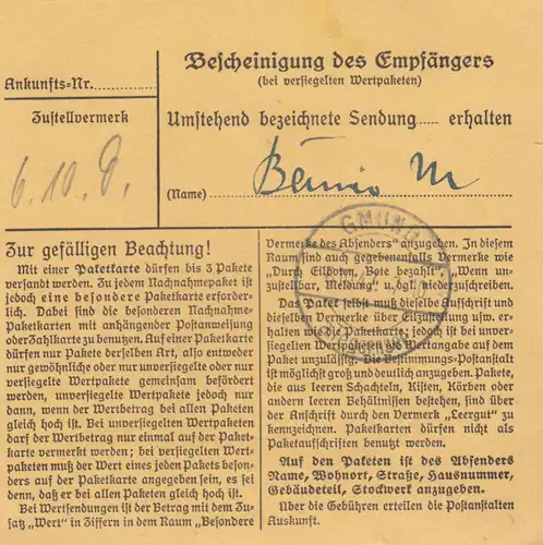 Carte de paquet 1947: Vilsbiburg d'après Gmund, Auto-booker
