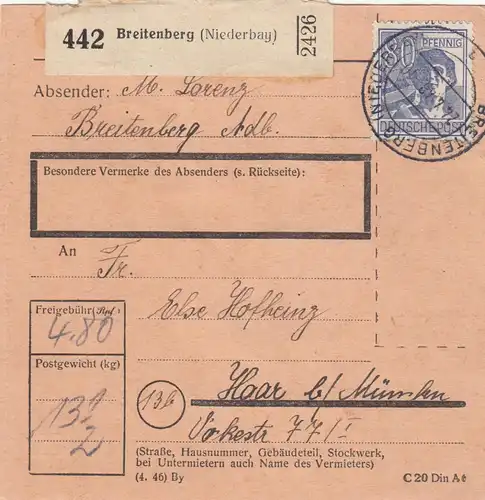 Carte de paquet 1948: Breitenberg vers Haar Munich