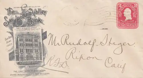 États-Unis d'Amérique 1907: Stockton, Cal to Ripon, San Joaquin Valley Bank