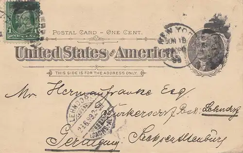 USA 1899: post card New York to Lehndorf/Germany