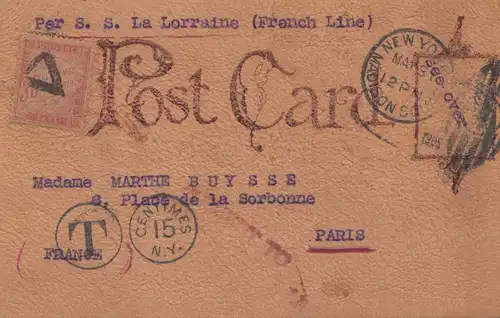 USA 1905: post card leather !!! New York to Paris via S.S. La Lorraine, Tax