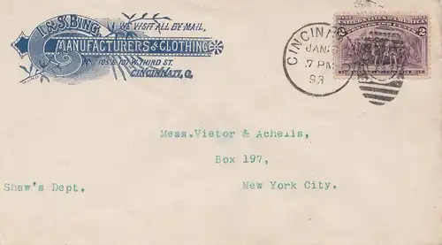USA 1893: Manufacturers clothing Cincinnati to New York City