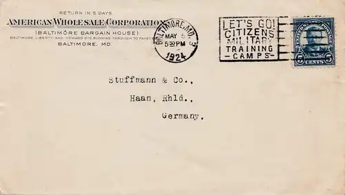 1924 Baltimore American Wholesale Corp. to Haan Germany, Military training camps