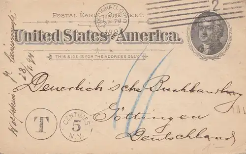 USA: 1894: post card Cincinnati, Ohio to Göttingen, Tax