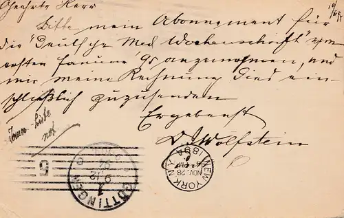 USA: 1894: Post card Cincinnati, Ohio to Göttingen, Tax