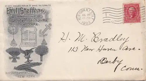 1903 Florists Wire Designs New York to Derby Conn. inclu. bill and response cover