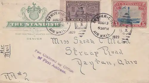 États-Unis 1929: Nenver, Col, air mail to Dayton, Ohioa, Fee claimed by Office