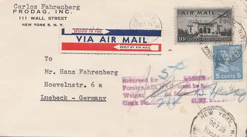 États-Unis 1952: air mail New York to Lubeck, Returned for 5c additional