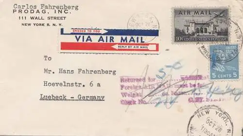 USA 1952: air mail New York to Lübeck, Returned for 5c additional