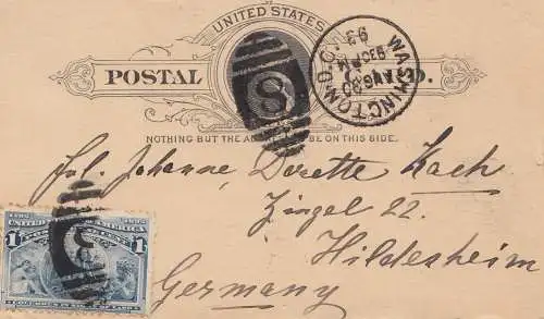 USA 1893: post card Washington to Hildesheim/Germany