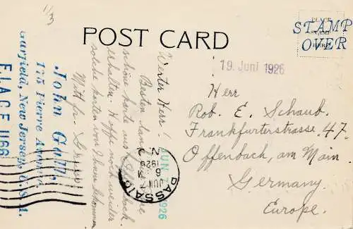 USA 1926: post card Public High School, Passaio/Garfield/New Jersey to Offenbach