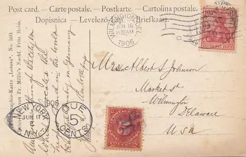 USA 1906: post card Ulm, Ulmer Münster to Wilmington, Del, Tax