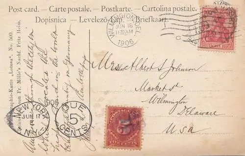 USA 1906: post card Ulm, Ulmer Münster to  Wilmington, Del, Tax