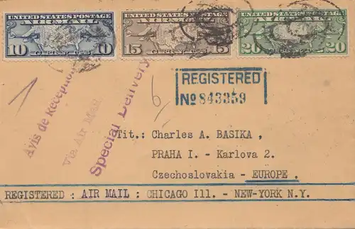 États-Unis 1927: Chicago to Prague, Cz, registered air mail, special delivery