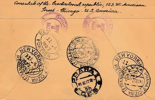 États-Unis 1927: Chicago to Prague, Cz, registered air mail, special delivery