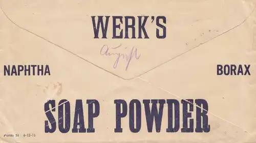 USA 1915: Saint Bernard, Cincinnati, O. to Pforzheim/Germany, Soap Powder