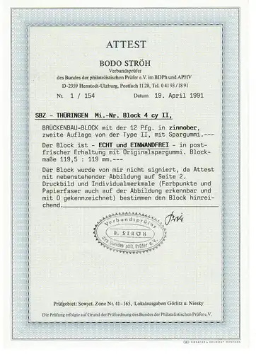 DBZ: Thüringen MiNr. Block 4 cy II, BPP Attest, postfrisch, **