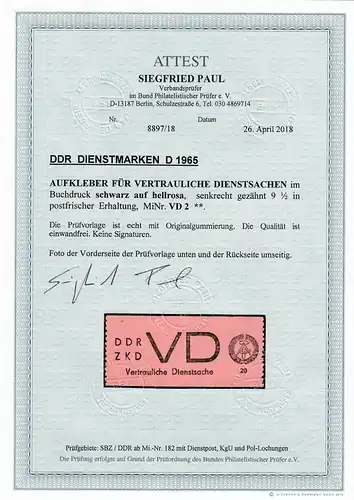 DDR: Dienstmarke D 1965, MiNr. VD2, **, postfrisch, BPP Attest