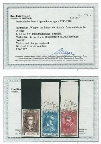 Franz. Zone Allgemeine Ausgabe: MiNr. 11, 12, 13 vL, gestempelt, BPP Befund