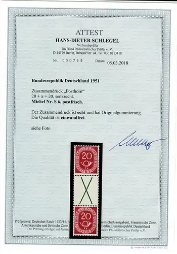 Bundes Posthorn N° S 6, frais de port **, BPP Attest