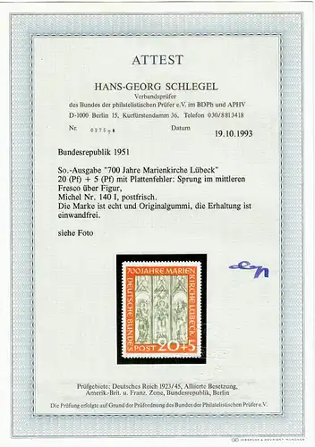 Bund: Marienkirche MiNr. 140 I, Plattenfehler, postfrisch, **, BPP Attest