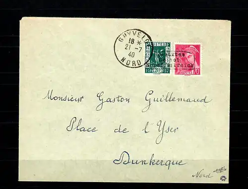 Dt. Besetzung Frankreich MiNr. 329, 388 auf Brief Ghyveide, Dunkerque BPP Attest