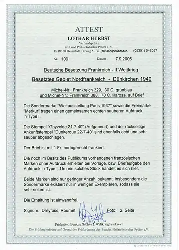 Dt. Instrumentation France Mi n° 329, 388 sur lettre Ghyveide, Dunkerque BPP Attest