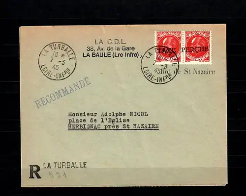 Dt. Besetzung Frankreich: La Turballe 7.3.45 Taxe Percue nach Herbignac, geprüft