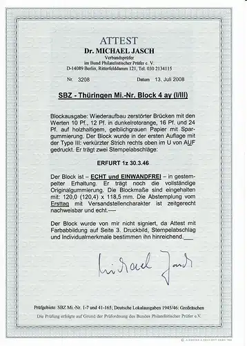 SBZ - Thuringe MiNr. Block 4 ay (I/III), cacheté Erfurt, BPP Attest