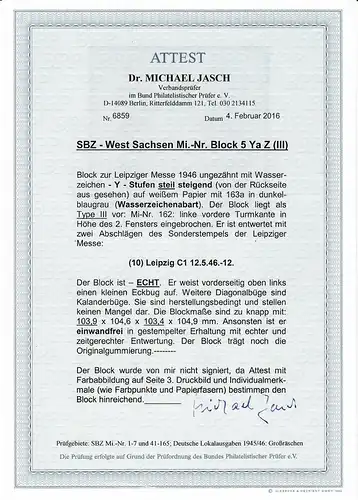 SBZ - Thuringe MiNr. Block 5 Ya Z (III), cacheté Leipzig, BPP Attest