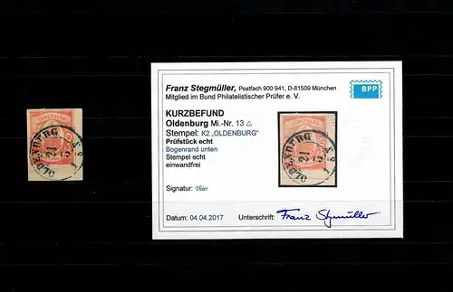 Oldenburg MiNr. 13, gestempelt, BPP Befund