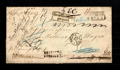 1863: Envelope stampless from Dortmund to London, redirected tax remarks, fine