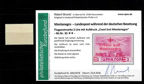 Montenegro: MiNr. 35, postfrisch, **, Rotes Kreuz, verschobener Aufdruck