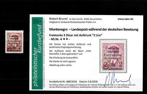 Montenegro: MiNr. 4, postfrisch, **, Abart Wertziffer gebrochen