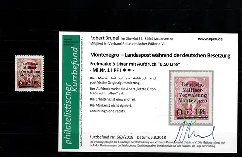 Montenegro: MiNr. 1,  Plattenfehler I, postfrisch, **