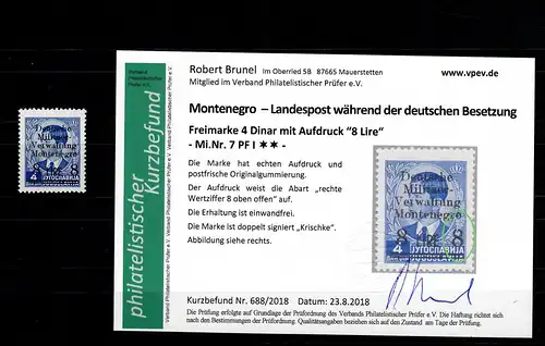 Montenegro: MiNr. 7,  postfrisch, **, Wertziffer oben offen, Plattenfehler I