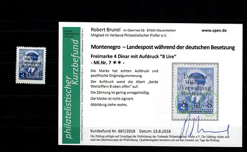 Montenegro: MiNr. 7,  postfrisch, **, Abart beide Wertziffern oben offen