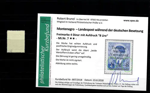 Montenegro: MiNr. 7,  postfrisch, **, Abart beide Wertziffern oben offen