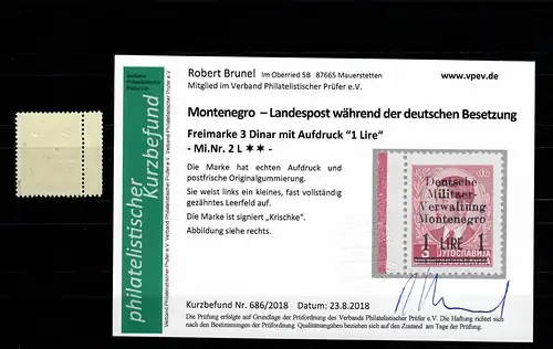 Montenegro: MiNr. 2L,  postfrisch, **, Leerfeld links