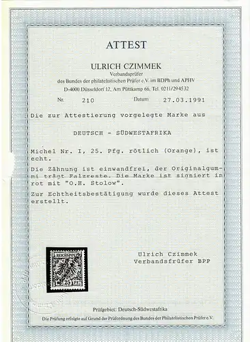 DSWA: MiNr. I, *, orange, BPP Attest