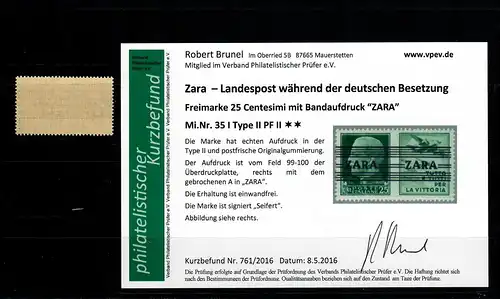 Zara: MiNr. 35 I, Type II, Plattenfehler II, **, postfrisch