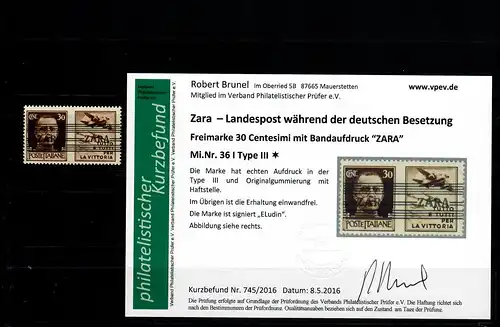 Zara: MiNr. 36 I, Type III, *, Haftstelle