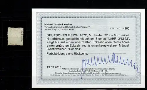 DR Dienst: MiNr. 27a, gestempelt Lahr, BPP Befund