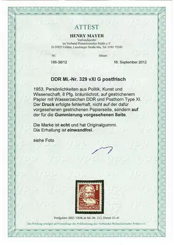 DDR: MiNr. 329 vXI G, postfrisch, auf der Gummierung Druck